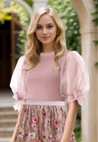 Organza Bubble Sleeves Knit Top in Pink