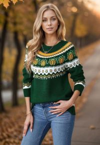 Pumpkin Delight Long Sleeves Knit Sweater in Green Halloween Costumes