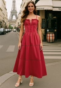 Button Decor Pintuck Eyelet Shirred Dress in Red