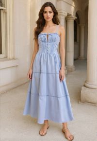 Button Decor Pintuck Eyelet Shirred Dress in Light Blue