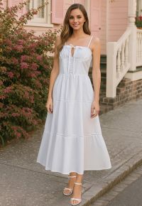 Button Decor Pintuck Eyelet Shirred Dress in White