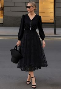 3D Posy Double-Layered Mesh Midi Skirt in Black
