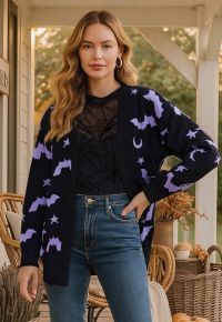 Moonlit Bats and Stars Open Front Knit Cardigan in Black