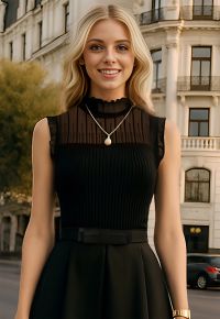 Ruffled Mock Neck Mesh Spliced Knit Top in Black
