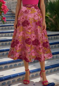 Ultra-Flattering Floral Jacquard A-Line Skirt in Hot Pink