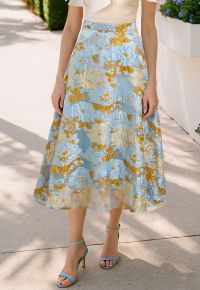 Ultra-Flattering Floral Jacquard A-Line Skirt in Blue