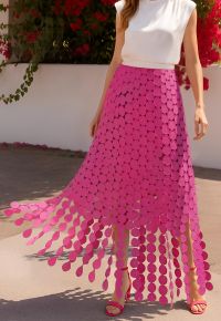 Chic Crochet Circle Fringe Maxi Skirt in Hot Pink