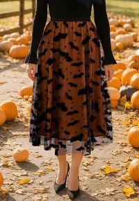 Velvet Bats Mesh Tulle Midi Skirt in Pumpkin Halloween Costumes