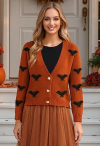 Mystic Bats Patch Buttoned Knit Cardigan in Pumpkin Halloween Costumes