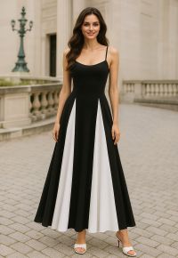 Stylish Contrast Color Panel Cami Maxi Dress in Ivory