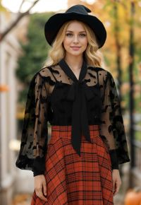 Velvet Bats Puff Sleeve Buttoned Mesh Shirt Halloween Costumes