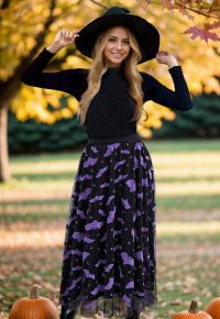 Velvet Bats Mesh Tulle Midi Skirt in Black Halloween Costumes