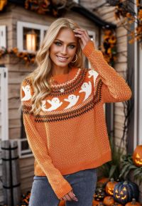 Cute Ghost Long Sleeves Knit Sweater in Orange Halloween Costumes