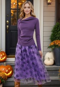 Cobweb Mystique Mesh Tulle Midi Skirt in Purple Halloween Costumes