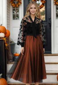 Mixture Color Panelled Tulle Maxi Skirt in Orange