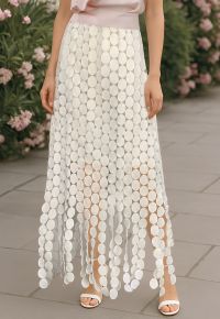 Chic Crochet Circle Fringe Maxi Skirt in Cream