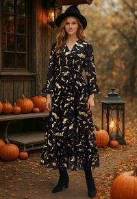 Metallic Gold Bats Chiffon Maxi Dress Halloween Costumes