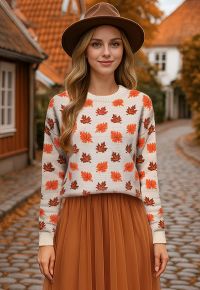 Maple Leaf Long Sleeves Oversized Knit Sweater in Ivory