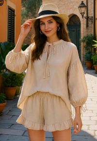 Lantern Sleeve Drawstring Shirt and Shorts Set in Apricot