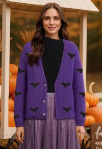 Mystic Bats Patch Buttoned Knit Cardigan in Purple Halloween Costumes
