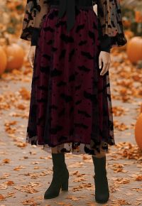 Velvet Bats Mesh Tulle Midi Skirt in Burgundy Halloween Costumes