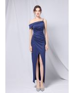 Single Strap Front Slit Gown in Navy