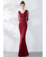 Draped Bead Mesh Sleeve Gown in Burgundy