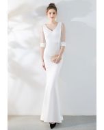 Draped Bead Mesh Sleeve Gown in White