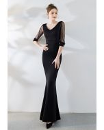 Draped Bead Mesh Sleeve Gown in Black