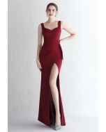 Ruched Waist High Slit Gown in Burgundy