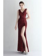 Glittering Sequin V-Neck Slit Gown in Burgundy