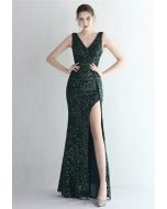 Glittering Sequin V-Neck Slit Gown in Emerald