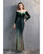 Ombre Sequins Velvet Spliced Gown in Emerald