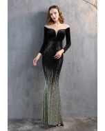 Ombre Sequins Velvet Spliced Gown in Black