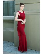 Open Back Cascade Ruffle Sleeveless Gown in Red