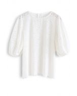 Full Flowers Embroidered Eyelet Puff Sleeves Top in White