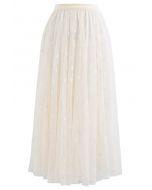 3D Clover Double-Layered Mesh Midi Skirt in Cream