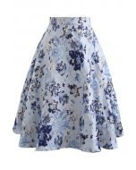 Blue Floral Embossed Jacquard Midi Skirt