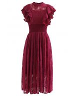 Tiered Ruffle Sleeveless Midi Lace Dress in Wine