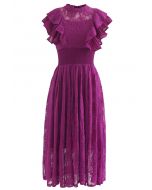 Tiered Ruffle Sleeveless Midi Lace Dress in Magenta