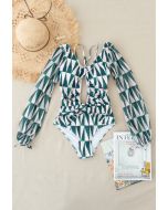 Mesh Sleeve Cut-Out Halter Swimsuit in Green Triangle