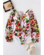 Mesh Sleeve Cut-Out Halter Swimsuit in Tropical Floral