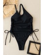 Drawstring Side One-Piece Swimsuit in Black