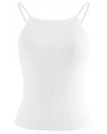 Pearl Straps Knit Cami Tank Top in White