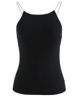 Pearl Straps Knit Cami Tank Top in Black