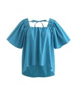 Flared Sleeves Tie Neck Top in Cyan