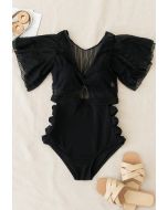 Detachable Bra and Lacy Swimsuit Set in Black