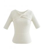 Dual-Use Twist Fitted Knit Top in Ivory