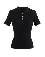 Triple Buttons Short Sleeve Fitted Knit Top in Black