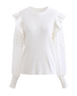 Lace-Adorned Mesh Sleeve Knit Top in White
